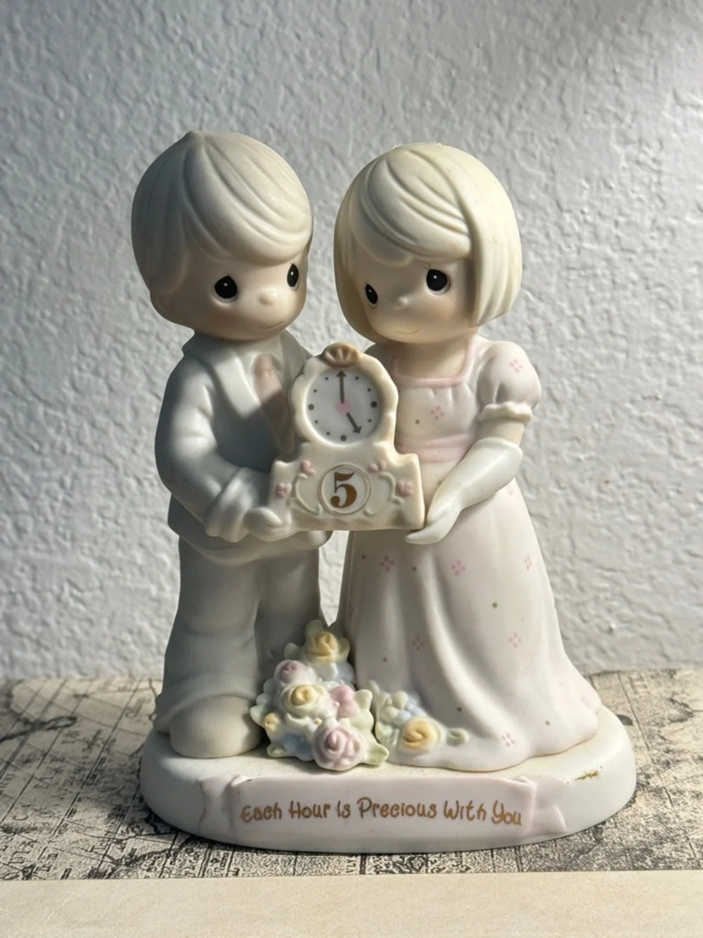 Precious Moments Cream and Pink Porcelain Couple Figurine with Clock